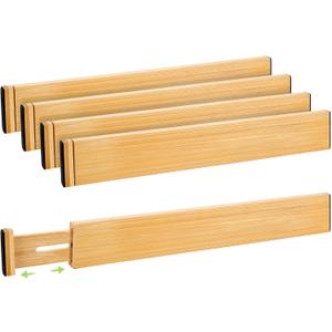 Drawer Divider, Adjustable Bamboo Kitchen Drawer Organizer, Spring Loaded Drawer Organizer, Dresser Separators for Kitchen, Bathroom, Clothes, Office Desk Storage (Natural, 4 Pack Large)