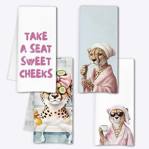 INDAJEDN Funny Leopard Bathroom Hand Towels, Cheetah Print Bathroom Decor, Trendy Coquette Pink Leopard Decorative Hand Towels for Bath Room Washroom Spa, 16x24 Inch Set of 4
