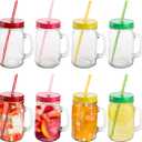 Suwimut 8 Pack Glass Mason Jar Cups with Lid and Straw, 16 oz Wide Mouth Reusable Mason Jar Drinking Glasses with Handle, Old Fashioned Clear Tumbler Mugs for Juice, Smoothie, Kombucha, Tea
