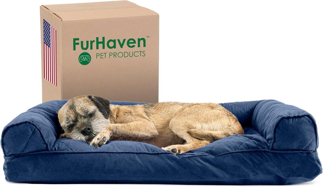 Furhaven Pillow Dog Bed for Medium/Small Dogs w/ Removable Bolsters & Washable Cover - Quilted Sofa - Navy (Blue), Medium