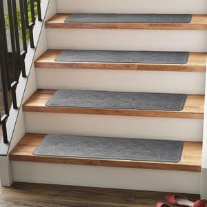RIOLAND Carpet Stair Treads for Wooden Steps Indoor 9" x 36" Non Slip Stair Treads for Wood Stair with Reusable Adhesive, 15 Pack Peel and Stick Stair Runner for Kids Elders and Dogs, Diamond Gray