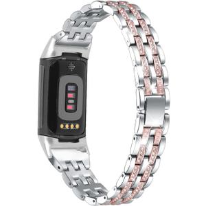 Bling Bands Compatible with Fitbit Charge 6/Charge 5, Metal Bracelet Luxurious Rhinestone Replacement Wristband for Women, Silver Black Gold