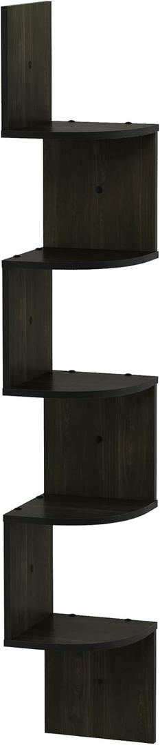 Furinno ROSSI Floating Book Shelves for Wall, 5-Tier Zigzag Corner Shelf Wall Mounted, Radial Corner Floating Shelf, for Living Room, Bedroom, Bathroom, Home Office, Espresso, 5-tier Radial, Set of 1
