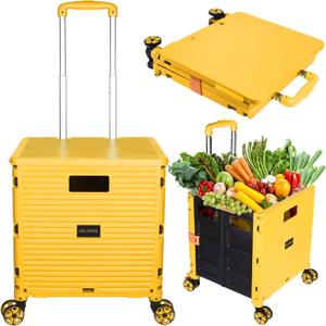 SELORSS Foldable Utility Cart Portable Collapsible Crate Rolling Carts with Wheels Rolling Tote Basket Teacher Cart with Lid Wear-Resistant 360Rotate Wheel Noiseless for Shopping Storage Office Use (BY06-Standard Wheels, Yellow)