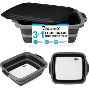 Tiawudi Large Collapsible BBQ Prep Tub with Lid(4.22 Gal/16L), Foldable Camping Sink with Colander, Cutting Board, Dish Basin for Kitchen, Bowl, Vegetable and Fruit, Storage Basket for Picnic, 20"L x 16.3"W