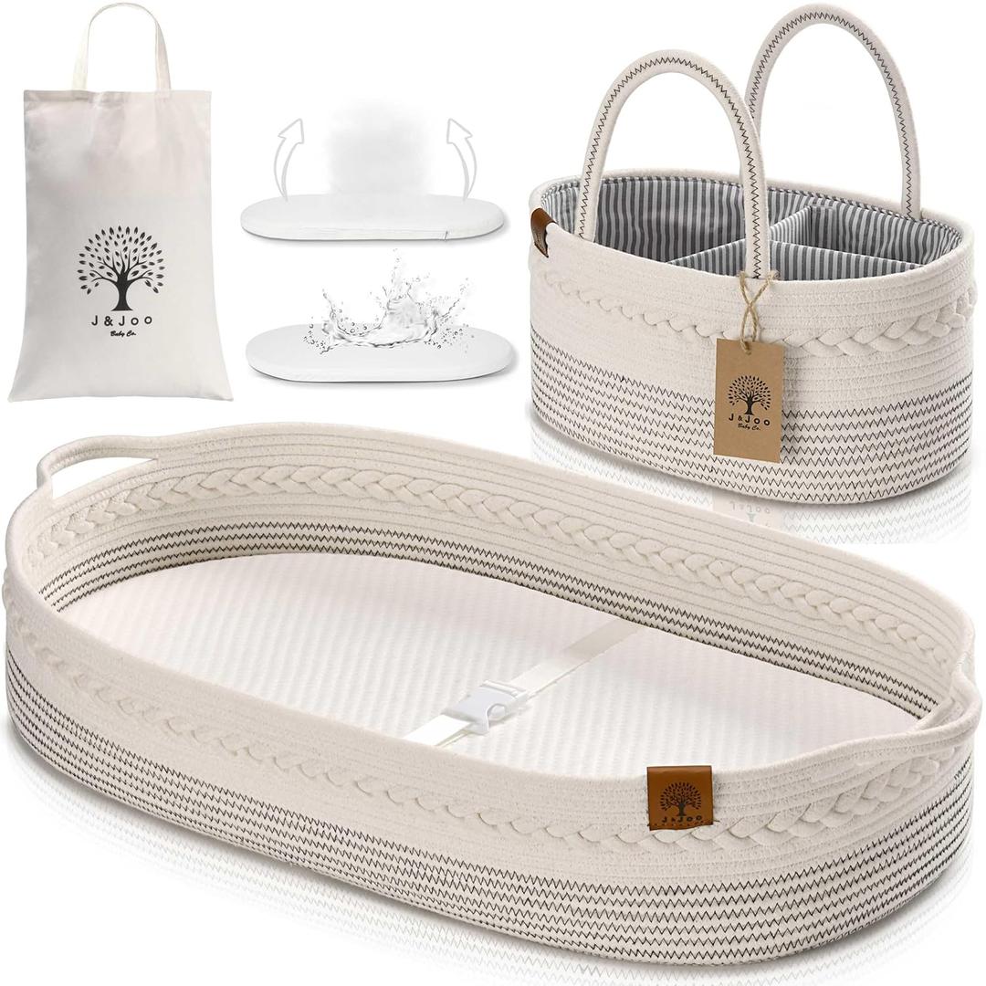 Baby Changing Basket Includes Diaper Caddy - Breathable & Waterproof Dual-Cover, Portable, Changing Pad for Dresser & Changing Table, Gift for Baby Shower, Cotton Rope Basket for Baby (Off-white), Small