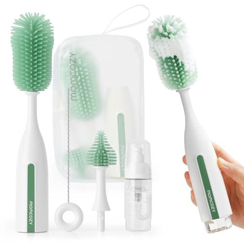 Momcozy Bottle Brush Kit Pro, Innovative Push-Press Design for Deep Cleaning - Bottle Cleaner Brush for Bottle/Breast Pumps/Nipple - Clog-Free Brush & Foam-Generating Design for Better Cleaning, Green