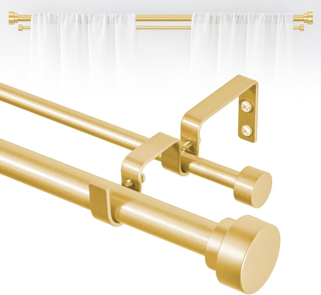 TANGWIN Gold Double Curtain Rods for windows 36 to 88:Adjustable Heavy Duty Double Curtain Rod for Bedroom Living Room,1 Inch Brass Gold Iron Moden Decorative Telescopic Dual Drapery Rod Easy Install