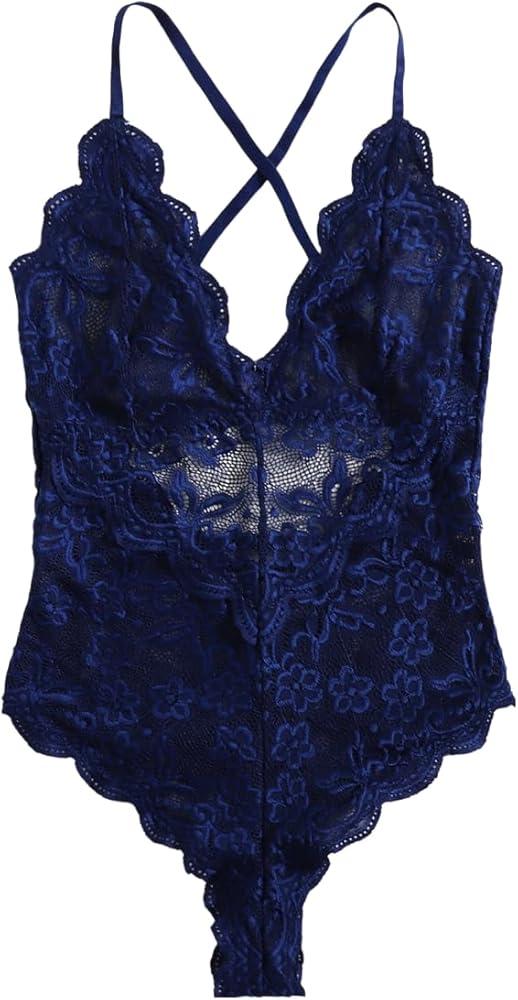 SOLY HUX Women's Floral Lace Scalloped Trim Criss Cross Back Lingerie Teddy Bodysuit L