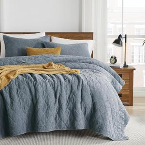 palassio Blue Grey Queen Size Quilt Set, Muslin Cotton Shell Down-Alt Poly Filling, Soft Shabby Chic Rustic Farmhouse Country Bedspread, Textured Gauze Coverlet, Lightweight Bedding, 2 Shams
