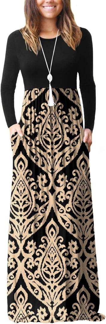 GRECERELLE Women Long Sleeve Casual Round Neck Loose Solid Floral Maxi Long Dress with Pockets, S-3XL (XX-Large)