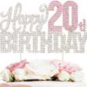 Happy 20th Birthday Silver & Pink Rhinestone Cake Topper - Cheers to 20 Years Old Twenty Bday Metal Sparkly Cake Centerpieces Topper Decorations Sign.