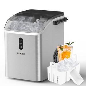 Self-Cleaning Nugget Ice Maker Countertop with Handle, 33lbs Per Day, Ready in 5 Mins, Portable Ice Maker with Basket and Scoop, for Home/Party/RV/Camping (Silvery)