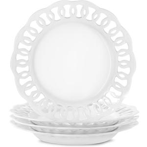 4 Pack 10" Dinner Serving Plates with Lace Rim, New Bone Porcelain Round Tableware Plates with Unique Hollow Out Design Scolloped Edge, White Dishes for Daily Use or as an Excellent Plate Idea