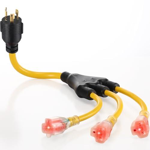 Kanayu 30a to 110v 15/20a Rv Generator Adapter Cord Compatible with Nema L5-30p to 3X 5-15r/5-20r or 6-15/6-20r, 4 Prong Locking Generator Plug to 15/20a Household Regular Connector 2ft, Etl Listed