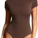 Women's Mock Neck Short Sleeve Bodysuit Double-Lined Seamless Body Suits for Women Basic T-Shirt Tops (Brown, XS)