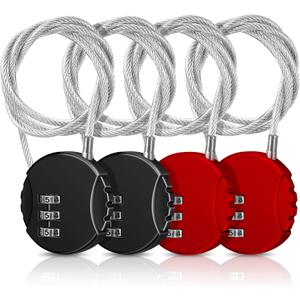 4 Pieces 3 Digit Combination Cable Lock Wire Stroller Waterproof Padlock Lightweight Flexible Locker Gate Lock for School Luggage Helmet Gym Fence Door Sports Bike(Black, Red)