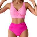 Fanuerg Women High Waisted Bikini Sets V Neck Cross Twist Front Two Piece Swimsuit Tummy Control Bathing Suit (XX-Large, Pink Rose)