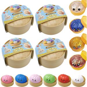 Dumpling Squishy Mystery Box, Glitter Dumpling, Dumplings Style Stress Balls for Adults and Kids, Cute Steamer Basket Design with Squeezable Bun Stress Relief Fidget Toys (4 PCS)