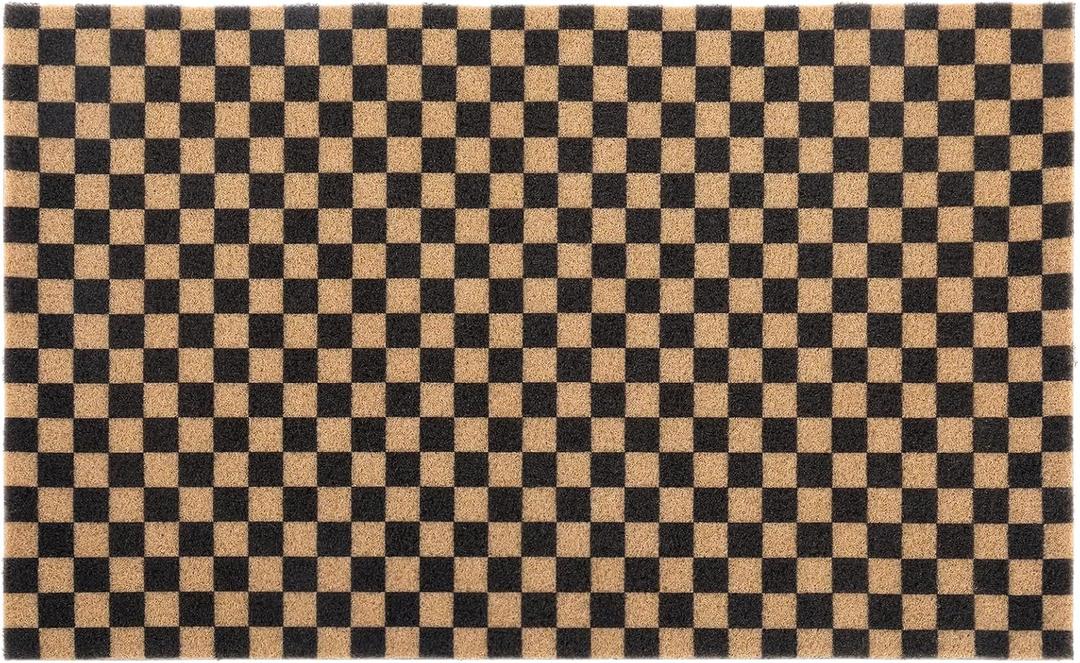 Tinideya Coco Coir Doormat 22x36 Inch Welcome Door Mat with Non Slip Vinyl Backing Coir Fiber Door Mat Outside Entrance Modern Checkerboard Outdoor Doormats for Front Easy to Clean Entryway
