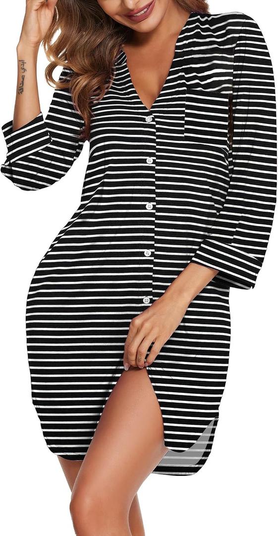 Ekouaer Nightgowns for Women V Neck Button Down Nightshirt 3/4 Sleeves Nursing Nightgown Soft Sleep Dress, Black Stripes, XL (Black, XL)