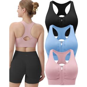 Evercute Women's Zip Front Sports Bras Wireless Padded Racerback Medium Support Post-Surgery Bra Yoga Exercise Athletic Bras Large