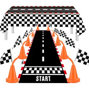 33 Pcs Race Car Party Decorations, Kids Party Decoration, Race Car Cups with Straws, Racing Checkered Flags, Racetrack Floor Runner and Racing Car Themed Tablecloths for Birthday Party Decoration