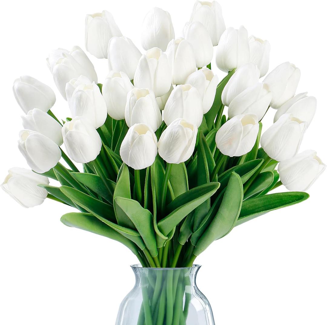 Sggvecsy 30 Pcs Fake Tulips Artificial Flowers Real Touch PU Faux Flowers Tulip Stems for Wedding Spring Bouquet Floral Arrangement Home Party Office Decorations for Mother's Day (White)