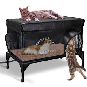 Heated Cat House for Outside Cat in Winter, Insulated Outdoor Feral Cat Shelter with Cat Heating Pad, 2 Doors,Elevated Waterproof Heated Kitty House (Black, 25"x13.7"x18")