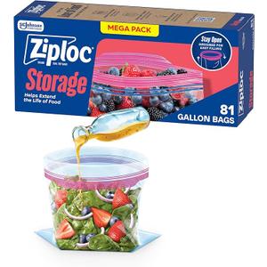 Ziploc Gallon Food Storage Bags, Stand-Up Bottom, Easy to Fill, 81 Count