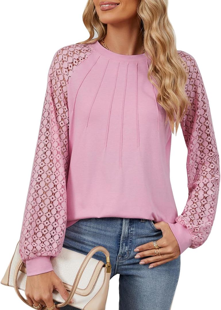 Women's Lace Long Sleeve Tops Rayon Blend Dressy Casual Blouses Pleated Work Shirts (Medium, Pink)