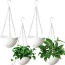 Srmayyi 4 Pack 8 inch Plastic Self Watering Hanging Planters,Round Hanging Basket Planter with Drainer and Metal Chain,White Garden Flower Plant Pot Container for Indoor Outdoor Plants