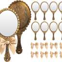 Wesiti 8 Pcs Vintage Handheld Mirrors Embossed Flower Princess Mirror with Bow Makeup Cosmetic Glass with Handle for Wedding Party Favors(Brass Gold)
