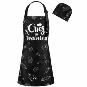 XLSXEXCL Kids Apron and Chef Hat, Kitchen Cooking Apron with Pockets Kids