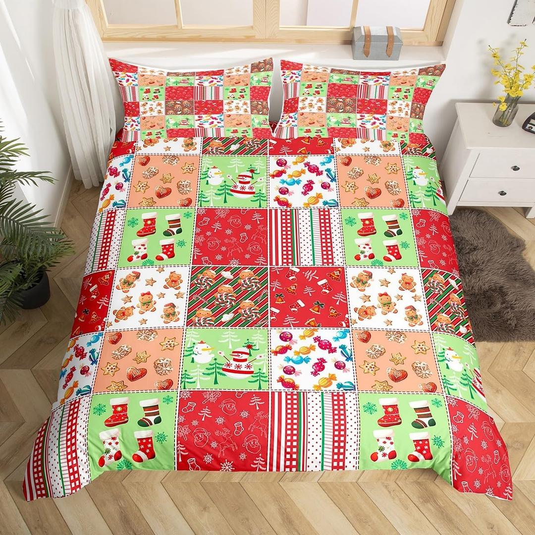 Erosebridal Red Green Christmas Full Duvet Cover,Cute Snowman Gingerbread Man Bedding Set Gifts for Kids Girls Boys,Multicolor Patchwork Bed Set Winter Xmas Duvet Cover 3Pcs (No Comforter)