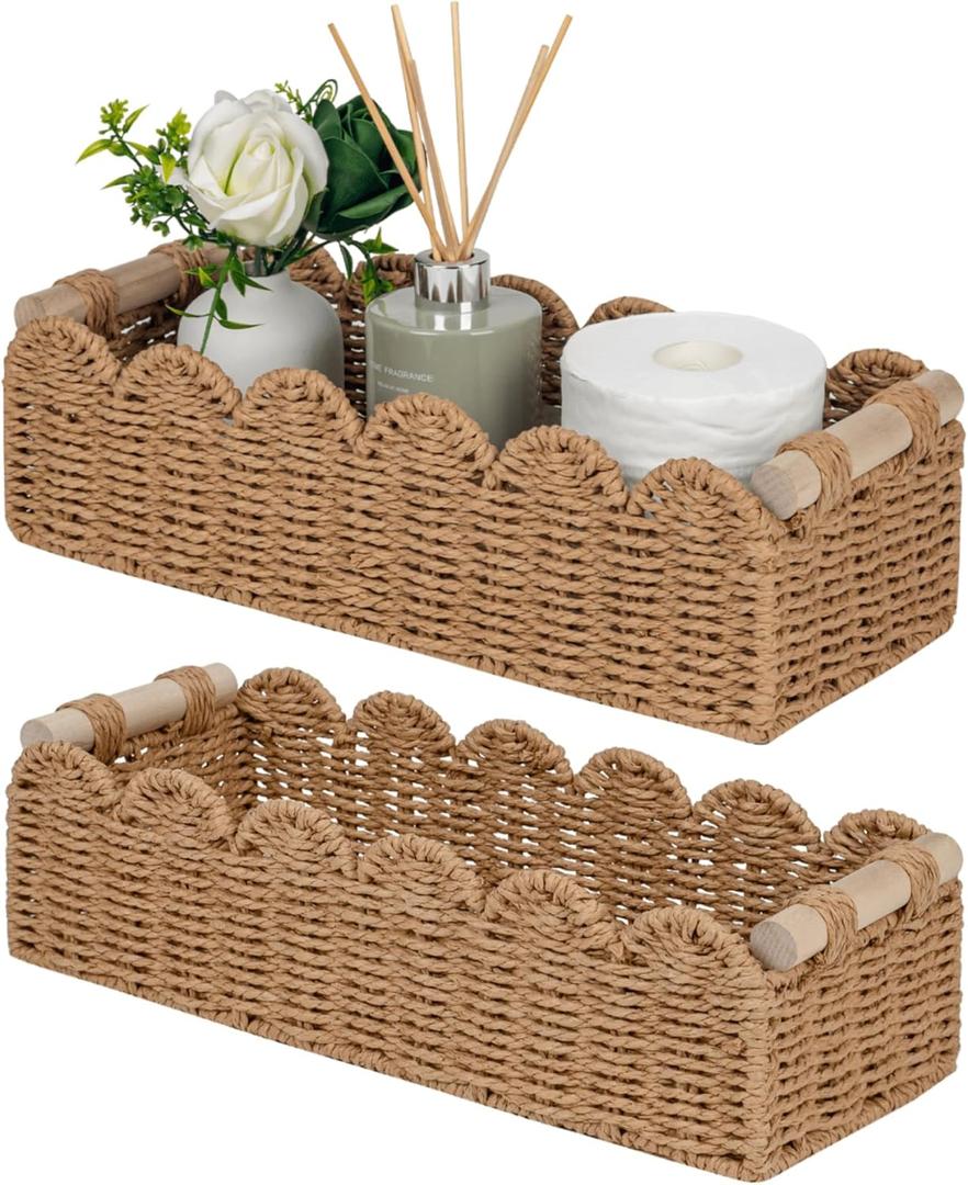 CubesLand Bathroom Basket Organizer, Toilet Tank Paper Storage Baskets, Scalloped Decorative Basket for Countertop w/Handle, Wicker Basket for Bathroom Decor, Home Decor, Living Room, Neutral Pack Of 2