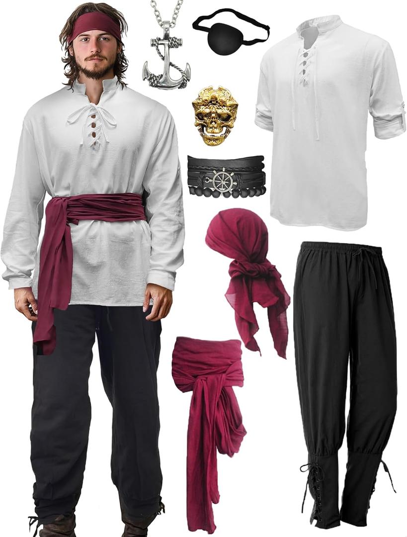 Verceco Mens Pirate Costume Outfit Renaissance Costume Men Medieval Outfit With Pirate Pants Shirts Sash Accessories (white, XX-Large)