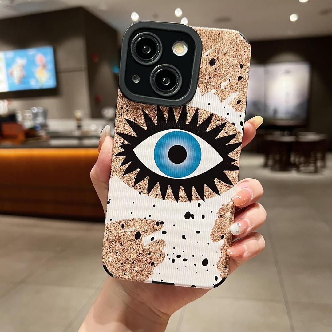 Cute Evil Eye Phone Case Compatible with iPhone 15 Plus Funny Design for Women Slim Fit Aesthetic Faux Leather Protective Cover for Apple iPhone 15 Plus-Blue Eye