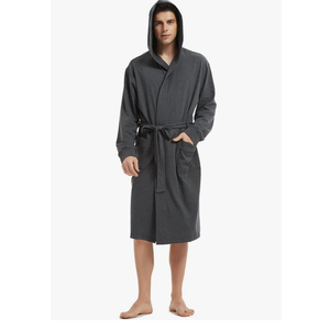 HOLOVE Men's Pure Cotton Bathrobe Lightweight Kimono and Hooded Spa Robes Soft Sleepwear, Size S/M