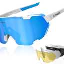 X-TIGER Polarized Cycling Glasses Men Women 5 Interchangeable Lenes UV400 Sports Sunglasses Baseball Running Fishing (White&Blue-5 Lens)