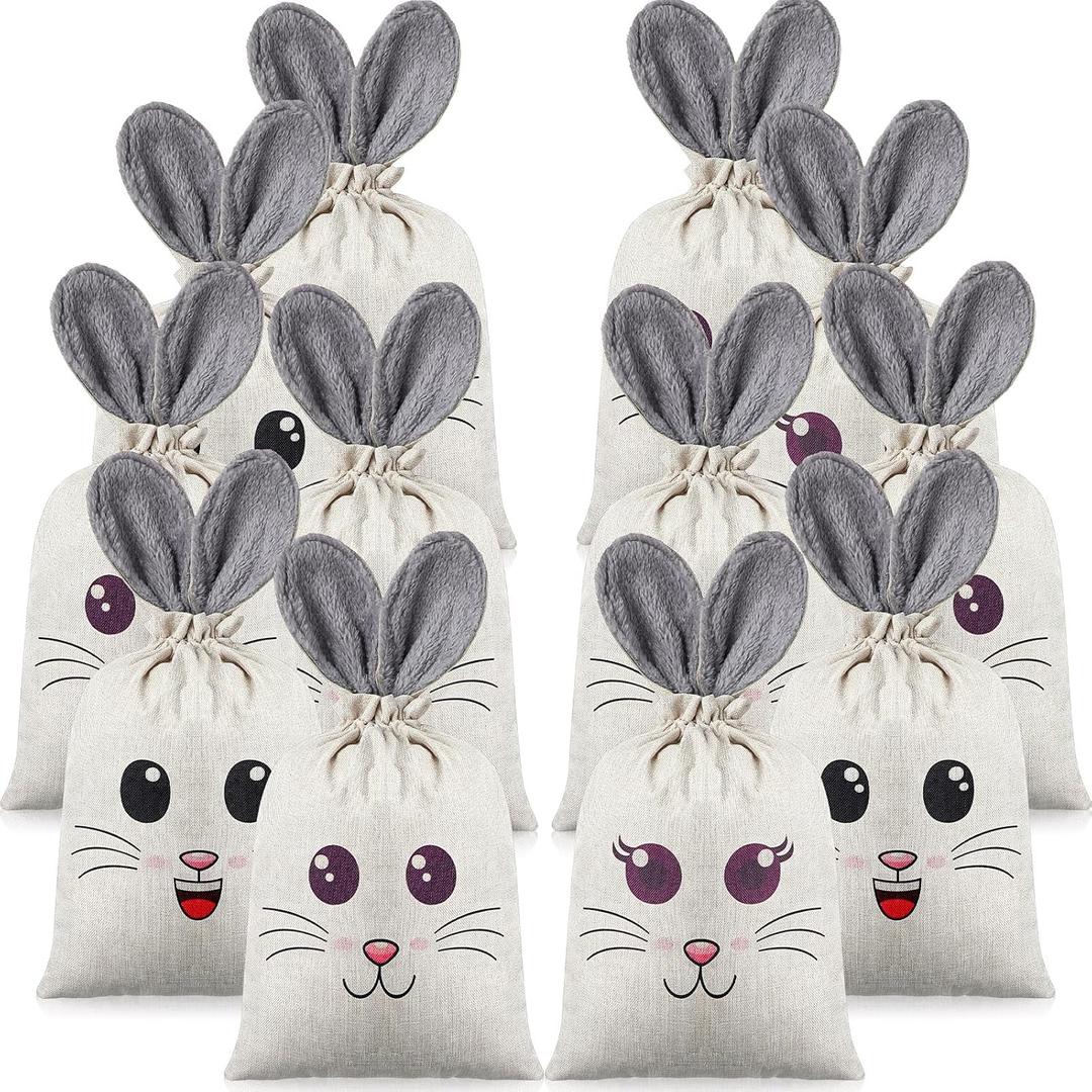 12 Pcs Easter Bunny Bags with Drawstring 7.9 x 10.2 In Furry Ears Rabbit Easter Egg Hunts Goody Candy Treat Gift Storage Bags Bunny Party Favors Gift Candy Egg Hunts Stuffer