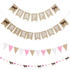 Horse Birthday Decorations  Happy Birthday Burlap Banner  Felt Horse Garland and Pennant Banner  Horse Party Supplies (Pink Hearts)