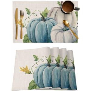 White Blue Pumpkin Floral Placemats Set of 6, Thanksgiving Cotton Linen Heat-Resistant Washable Table Mats Placemat for Holiday/Dining/Indoor/Outdoor/Party Table Decoration, White Blue Pumpkin Floral Placemats Set of 6, Thanksgiving Cotton Linen Heat-Resistant Washable Table Mats Placemat for Holiday/Dining/Indoor/Outdoor/Party Table Decoration,