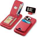 TUCCH PU Leather Case for iPhone 16 Pro Max with Detachable Magnetic Wallet Stand with [5 Card Holders] [RFID Blocking] [Wireless Charging], Slim Anti-Slip Cover for iPhone 16 Pro Max, Raspberry Red