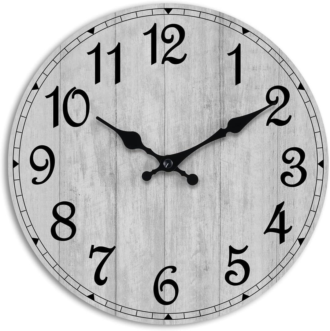 HYLANDA Wall Clock, 10 Inch Wall Clocks Battery Operated Silent Non Ticking, Country Wooden Clocks Farmhous Clock for Bathroom, Living Room, Kitchen, Bedrooms (Gray)