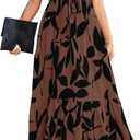 PerZeal Women's Casual Summer Crewneck A Line Short Sleeve Print Flowy Boho Long Maxi Dress with Belt Leaves Brown S