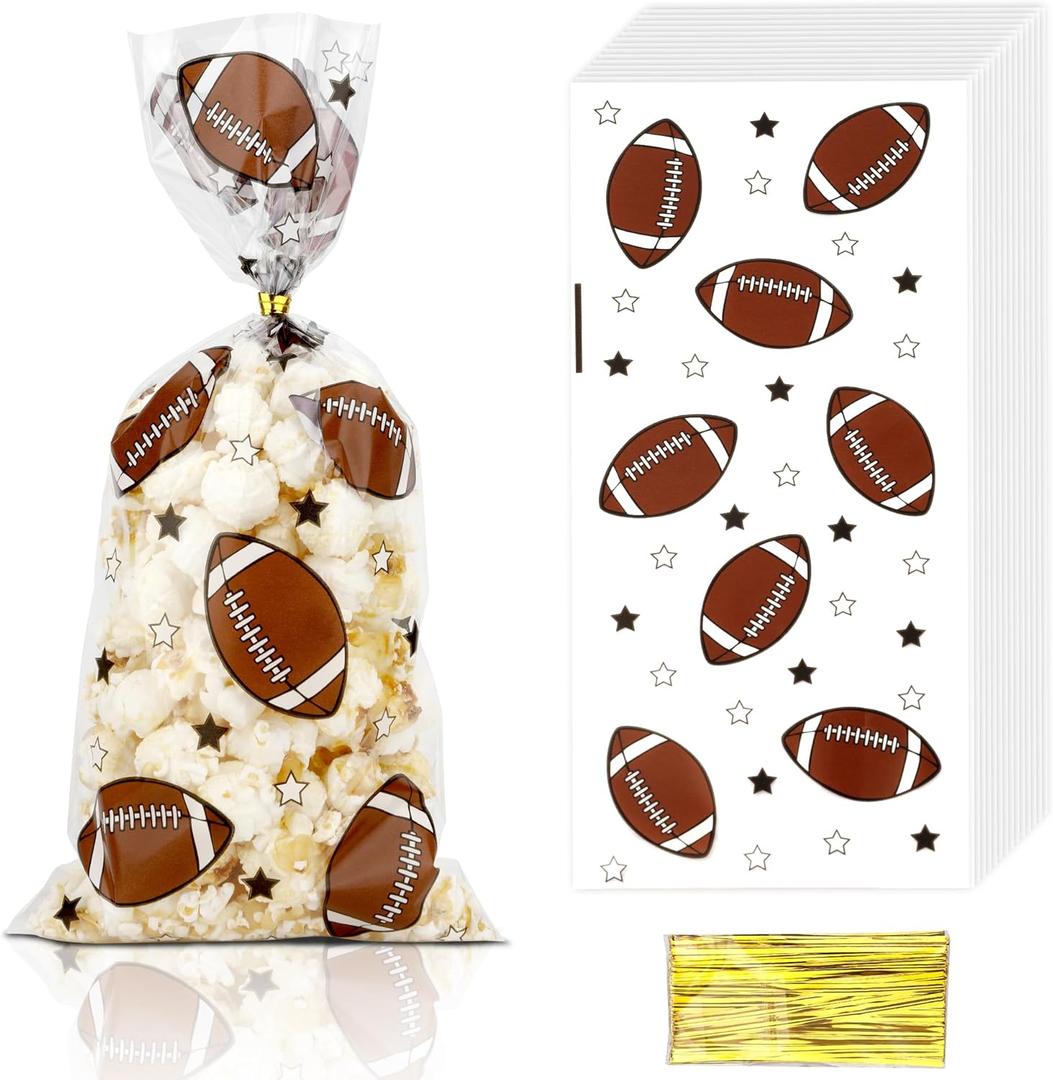 QIHOMPIB 100 PCS Football Goodie Bags for Candy Goody Treat Cookie Snack Wrap Touch Down Tailgate Football Theme Birthday Party Favors Supplies Decorations Rugby Baggies Pouches Home Table Decor