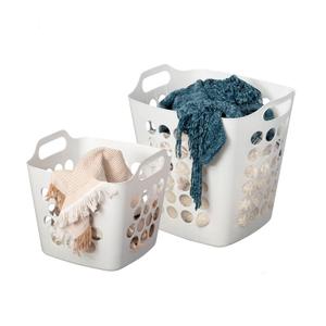 Set of 2 Plastic Laundry Baskets with Handles Large & Small Ventilated Hampers for Clothes Storage & Organization Lightweight Stackable Bins for Bedroom Bathroom Dorm and Washing Area, White