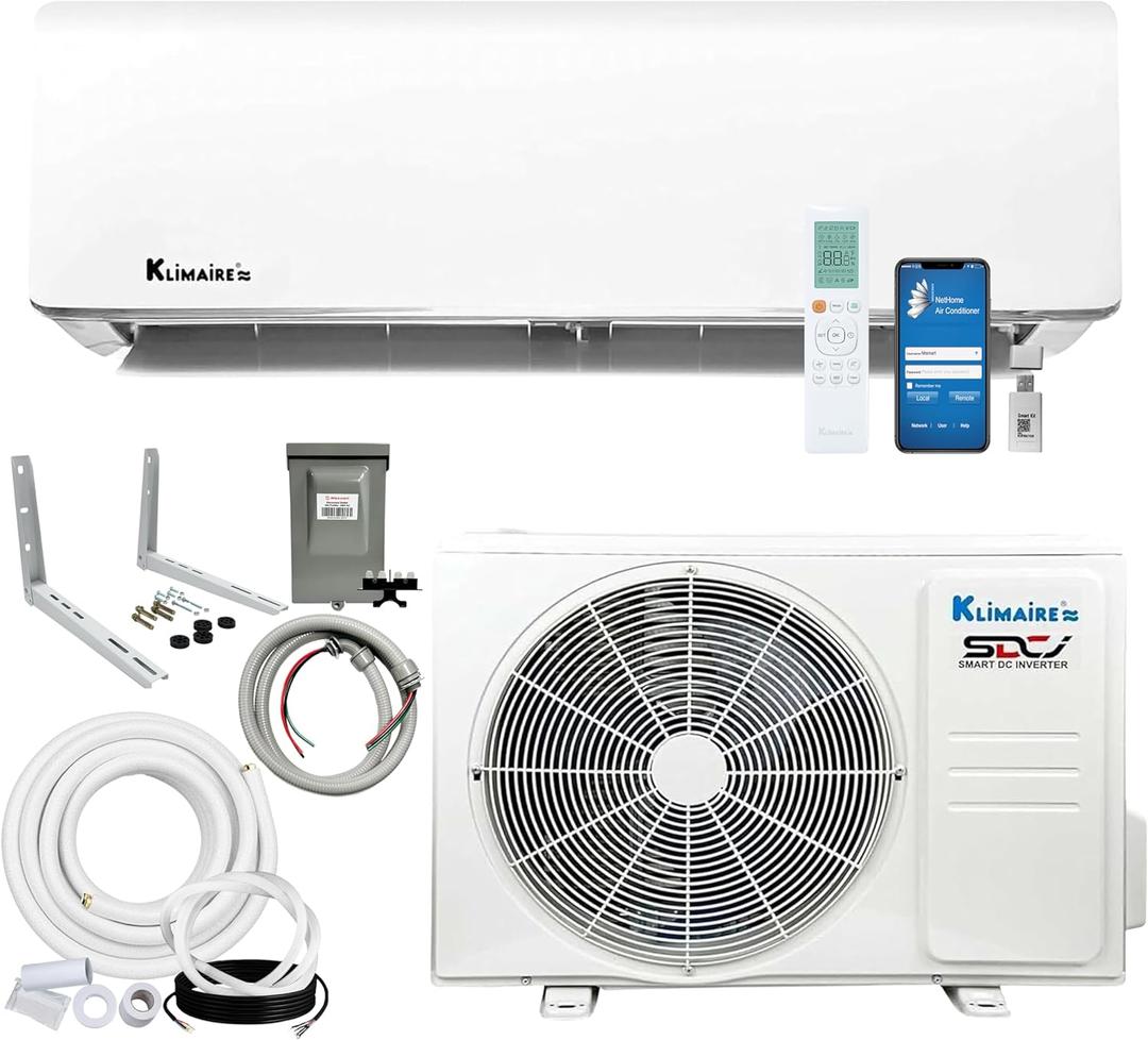 Klimaire 12,000 BTU 20.8 SEER2 Ductless Mini-Split Inverter Air Conditioner Heat Pump System with All-Inclusive 16' Installation Kit, Wall Bracket, Electrical Disconnect -Tight Whip (115V)