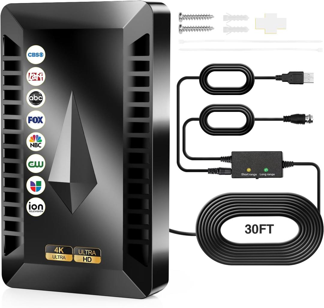 2026 New TV Antenna, 3800+ Miles Long Range Digital Antenna for Smart TV Indoor with Amplifier, Outdoor HDTV Antennas for Local Channels Support All TVs, 360° Clear Reception for 8K 4K 1080P-30FT Cable